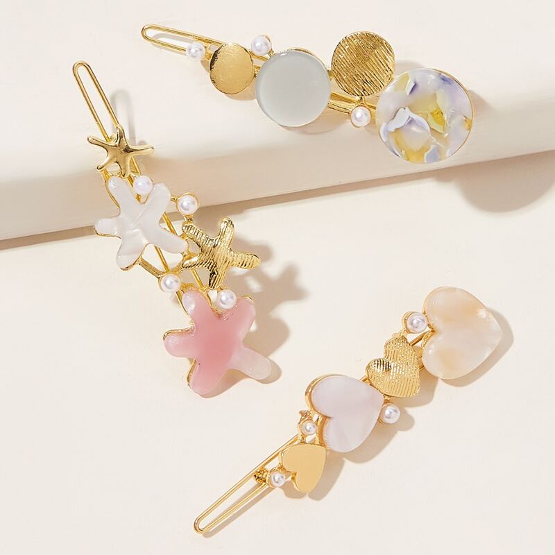 

3pcs Faux Pearl & Heart Hair Clips, Multicolor