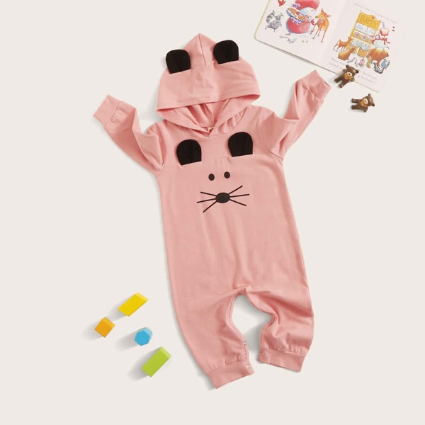 

Baby Girl Cartoon Graphic 3D Ear Hooded Jumpsuit, Coral pink