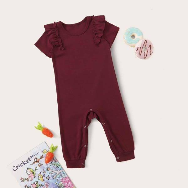 

Baby Girl Ruffle Trim Short Sleeve Tee Jumpsuit, Burgundy
