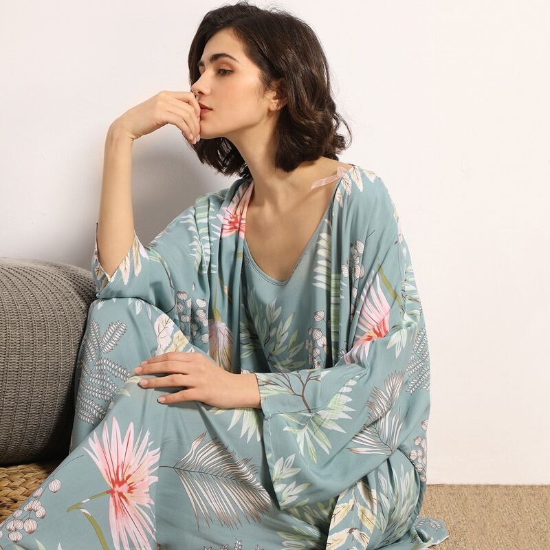

3pack Floral Print Cami PJ Set & Robe, Mint green