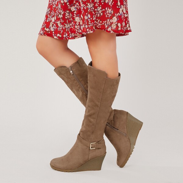 

Knee High Buckle Accent Almond Toe Wedge Boots, Camel