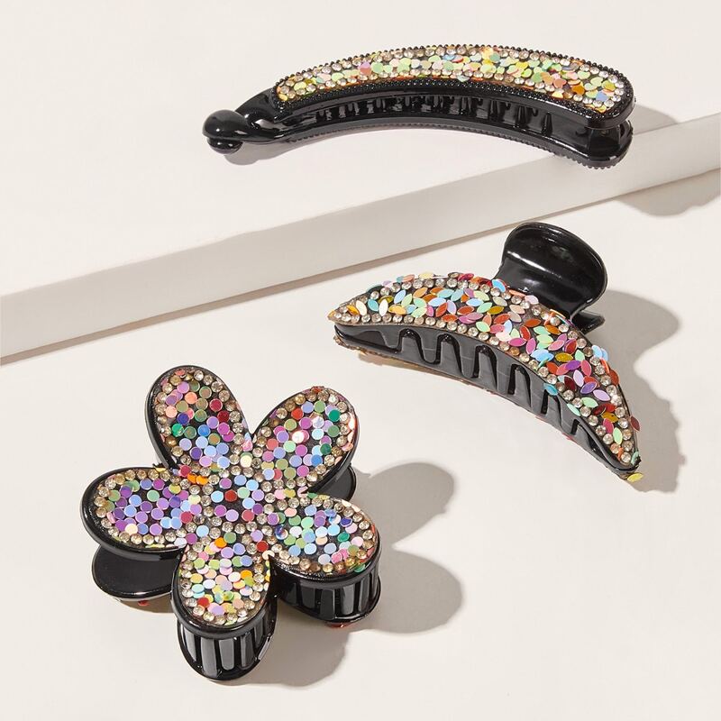 

3pcs Rhinestone Engraved Flower Shaped Hair Claws, Multicolor