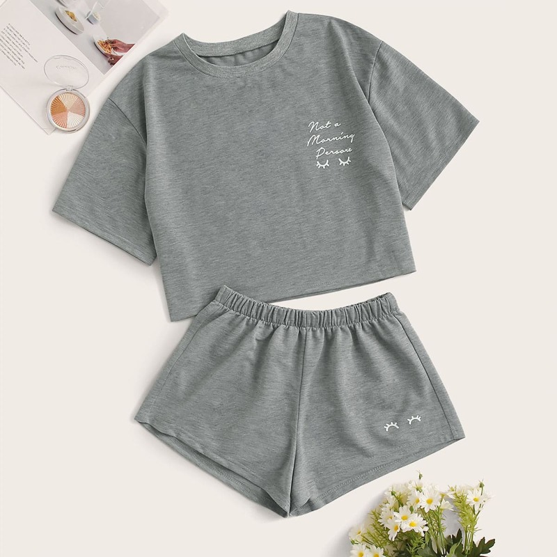 

Letter & Eyelash Print PJ Set, Grey