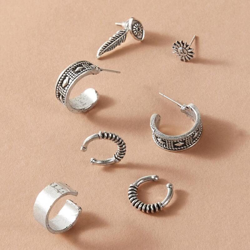 

7pcs Flower & Leaf Decor Earrings, Silver