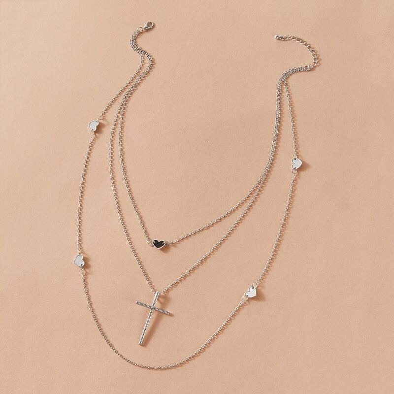 

1pc Cross & Heart Charm Layered Necklace, Silver