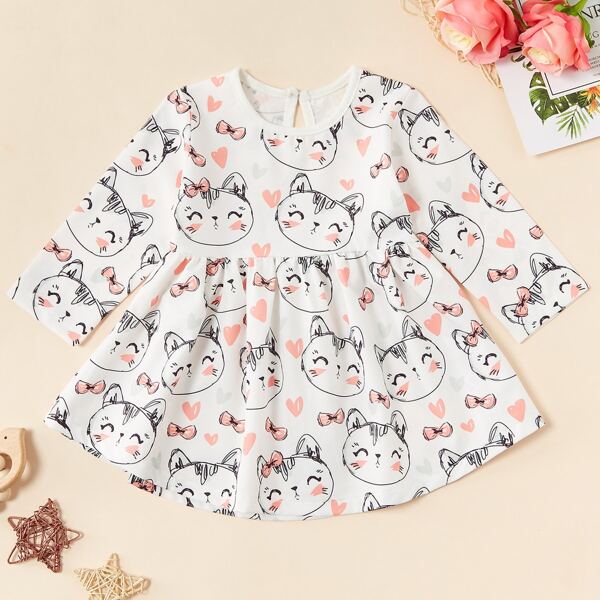 

Toddler Girls Cat Print Keyhole Back Skater Dress, Multicolor