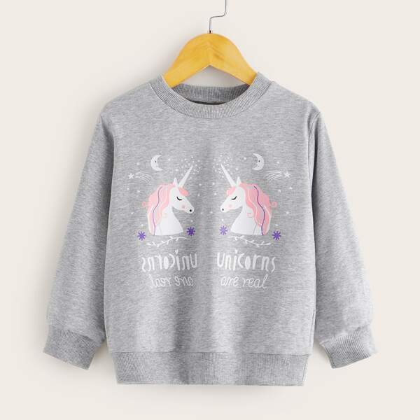 

Toddler Girls Letter And Unicorn Print Sweatshirt, Grey