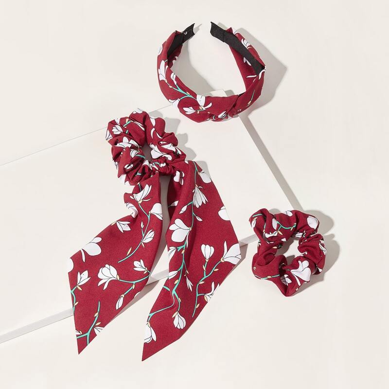 

3pcs Ditsy Floral Pattern Hair Accessories, Red