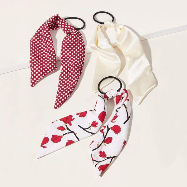 

3pcs Flower & Polka Dot Pattern Scrunchies Scarf, Multicolor