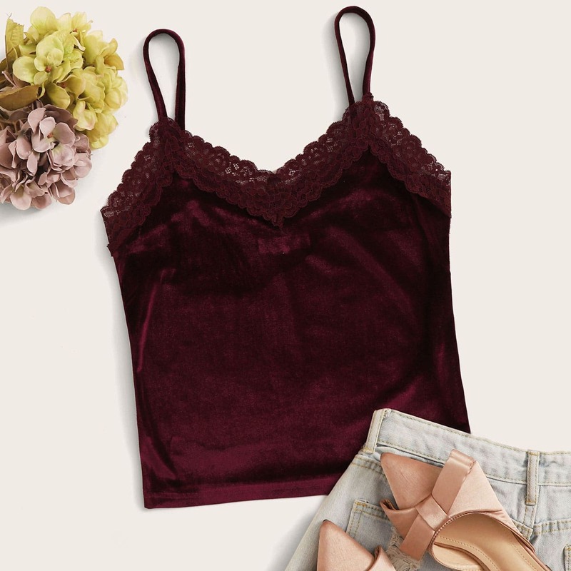 

Lace Trim Velvet Cami Top, Burgundy