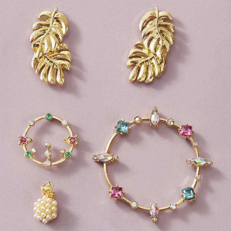 

5pcs Leaf & Faux Pearl Decor Earrings, Multicolor