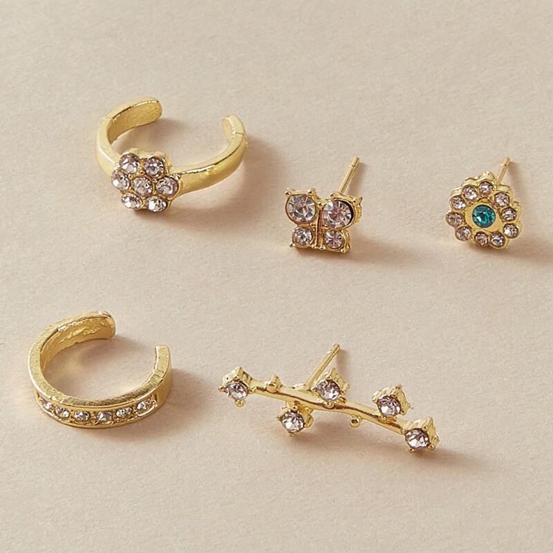 

5pcs Rhinestone Engraved Flower Stud Earrings, Multicolor