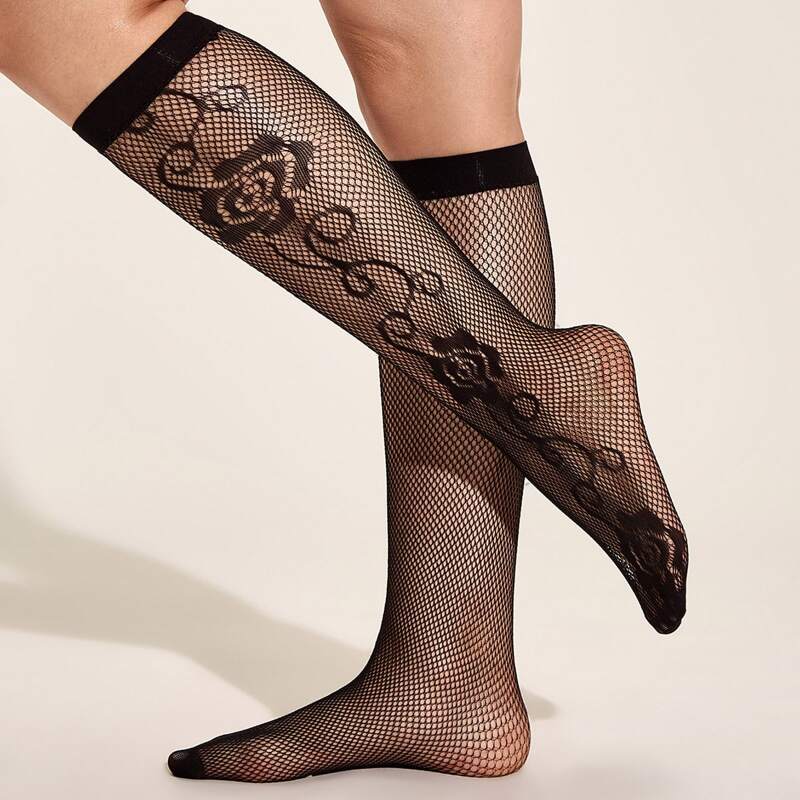 

1pair Flower Pattern Fishnet Socks, Black