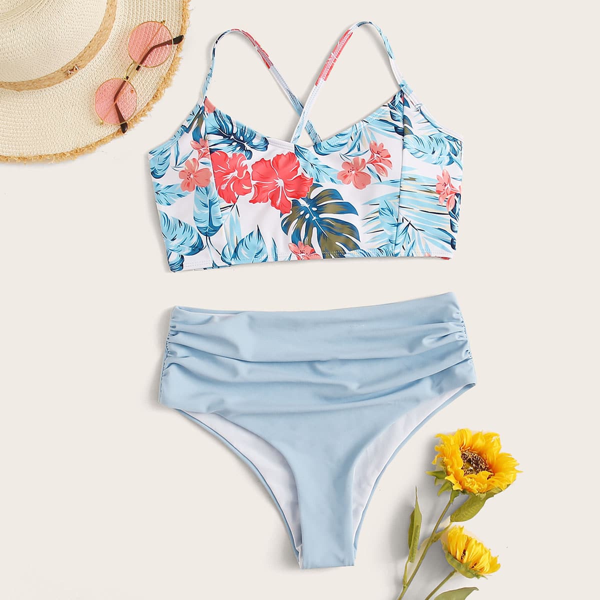 

Tropical Lace-up Back High Waisted Bikini Swimsuit, Blue