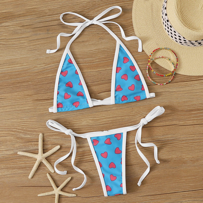 

Heart Print Halter Tie Side Bikini Swimsuit, Blue