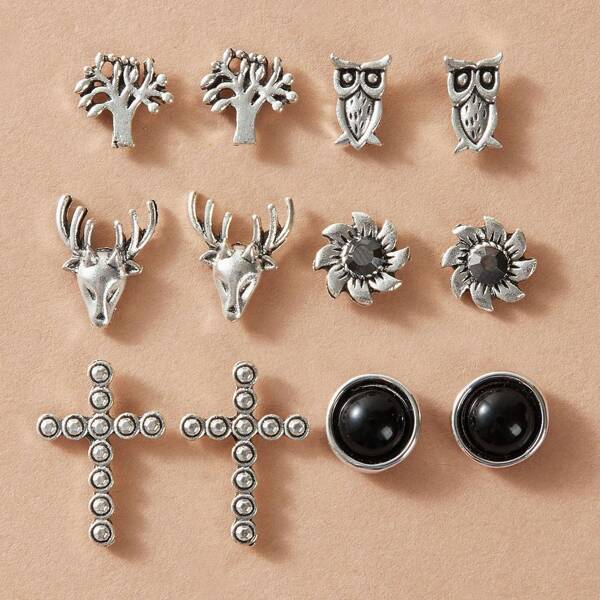 

6pairs Cross & Owl Decor Earrings, Silver