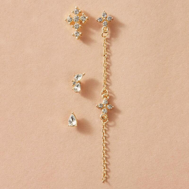 

4pcs Rhinestone Engraved Cross Decor Earrings, Gold