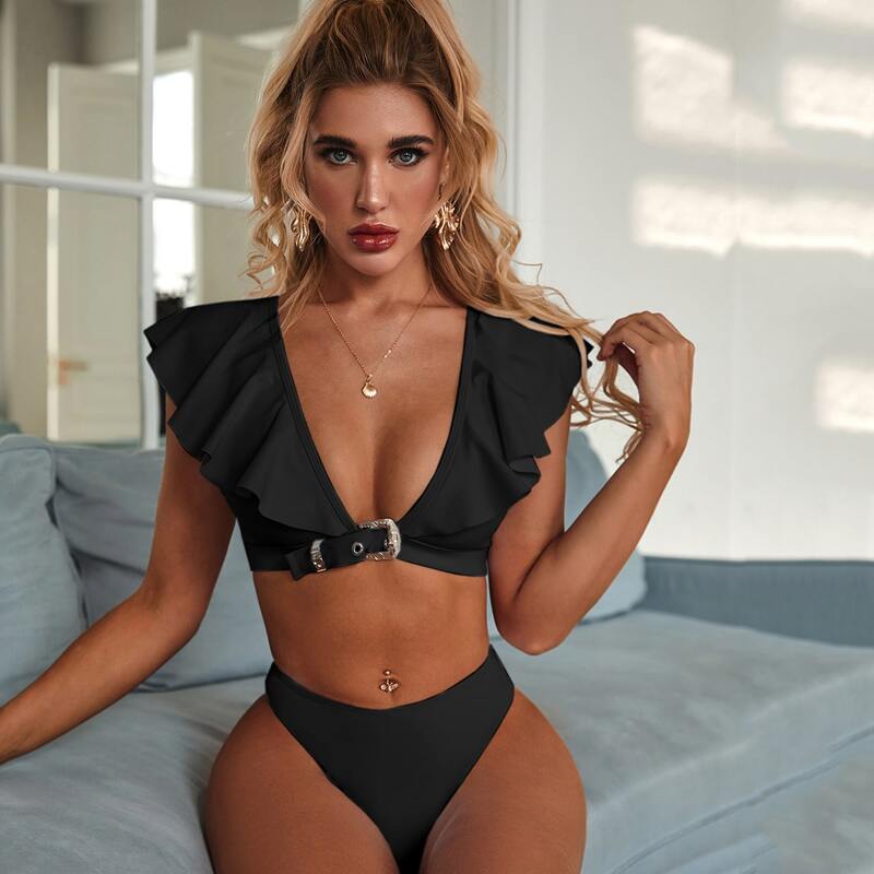 

Ruffle Trim Top With High Cut Bikini Set, Black