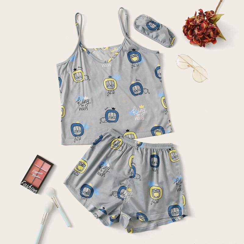 

Cartoon Lion Print Cami PJ Set, Grey