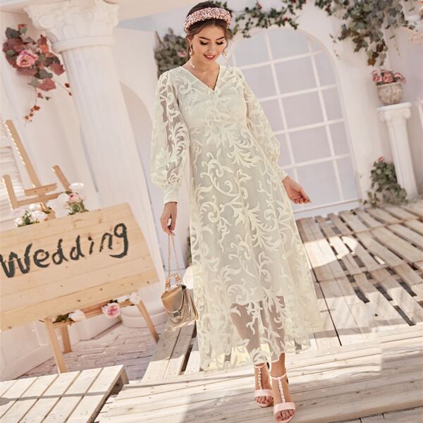 

Lantern Sleeve Plant Lace Overlay Dress, Beige