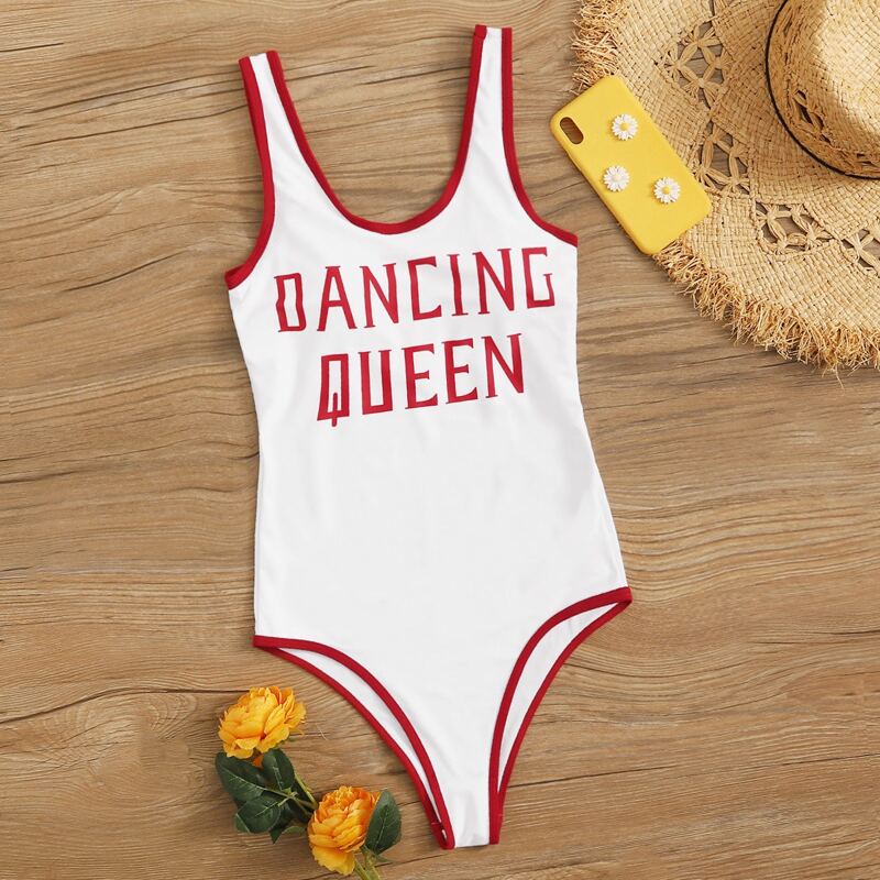 

Letter Graphic Contrast Binding One Piece Swimsuit, White