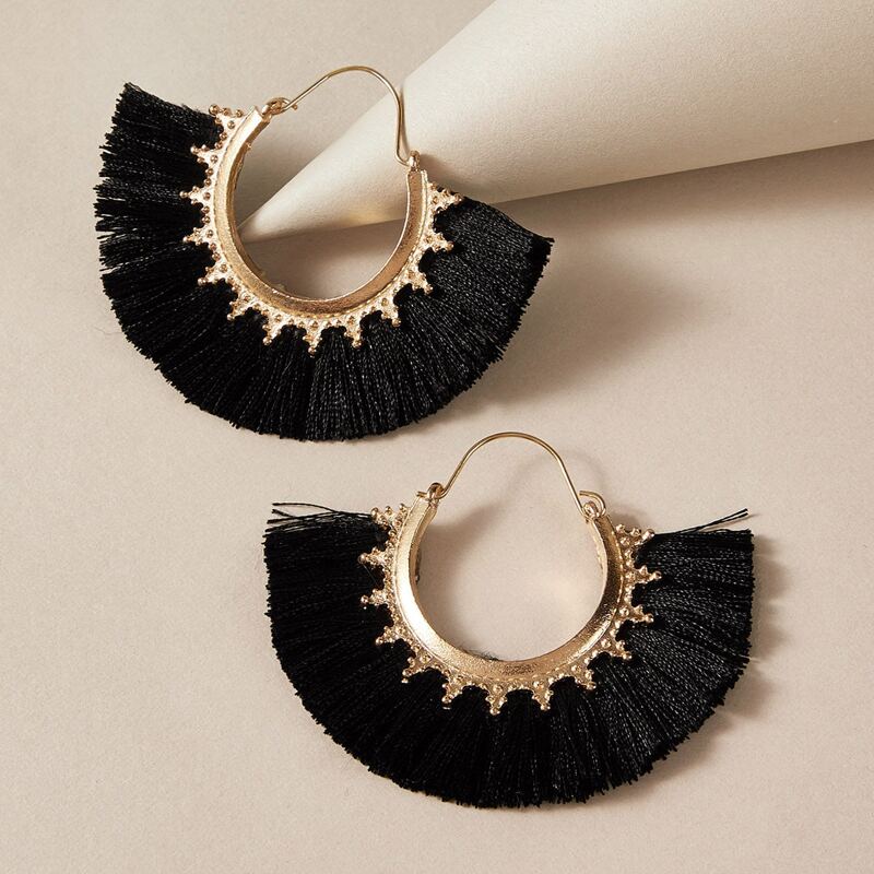 

1pair Fan Tassel Drop Earrings, Black