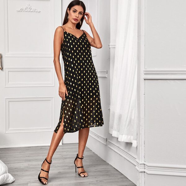 

Polka Dot Split Hem Chiffon Cami Dress, Black