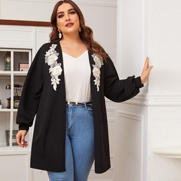 

Plus Embroidered Applique Open Front Coat, Black