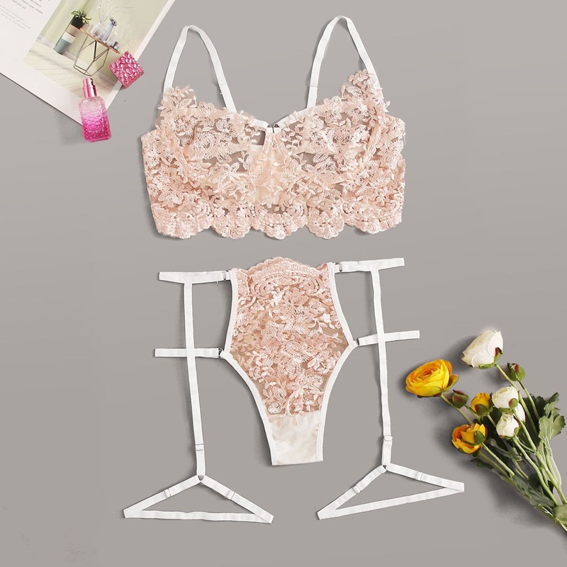 

Floral Lace Garter Lingerie Set, Pink