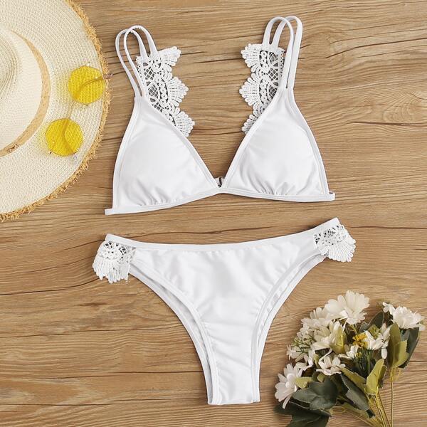 

Contrast Lace Triangle Bikini Swimsuit, White
