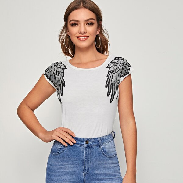 

Appliques Detail Cap Sleeve Fitted Tee, White