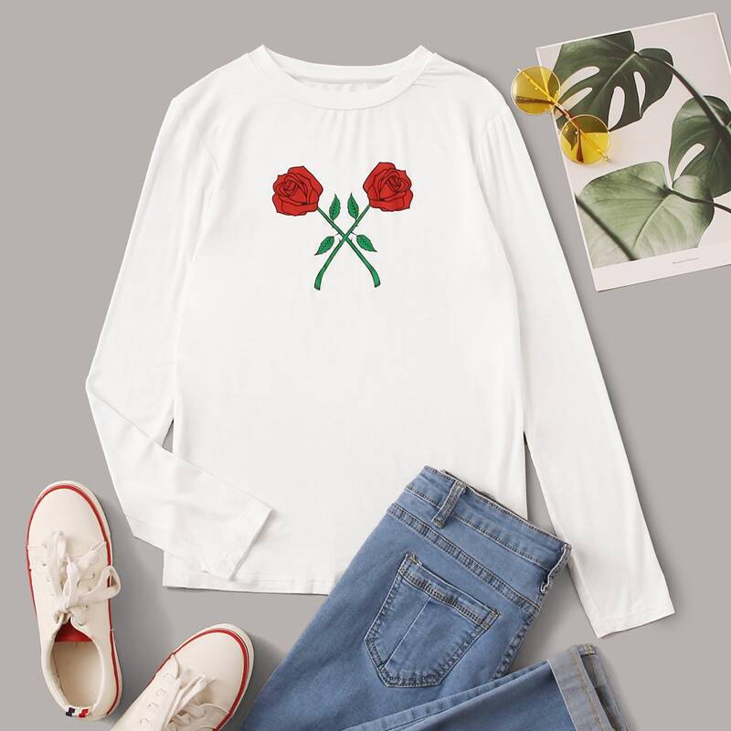 

Floral Graphic Round Neck Tee, White