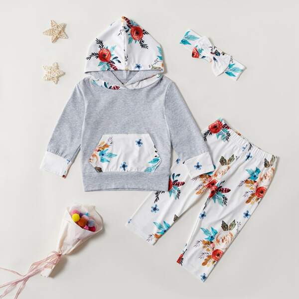 

Toddler Girls Cut And Sew Hoodie & Floral Pants & Headband, Multicolor