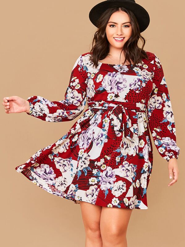 

Plus Lantern Sleeve Floral Print Belted Dress, Multicolor, Marcelle Pallais