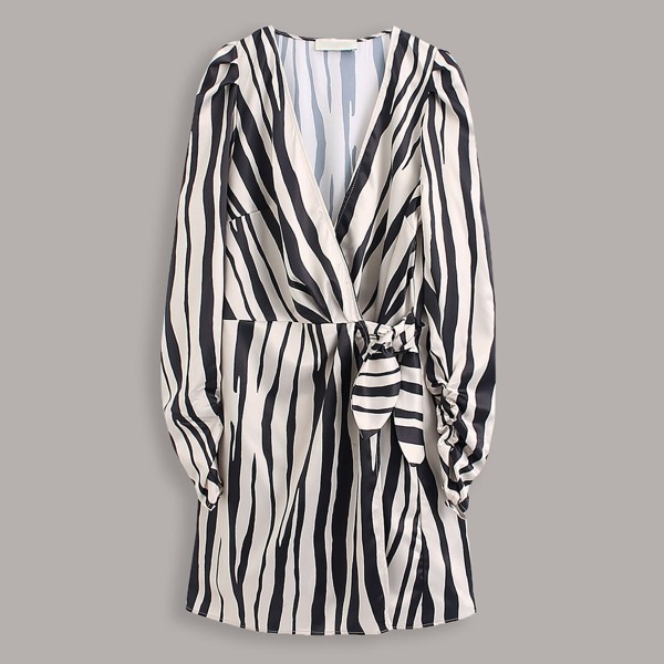 

Striped Knot Side Surplice Dress, Black and white