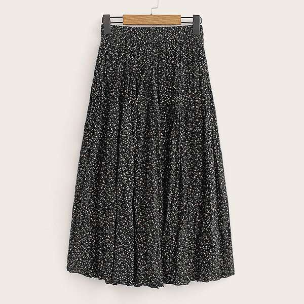 

Ditsy Floral Print Elastic Waist Skirt, Black
