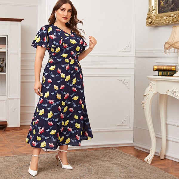 

Plus Floral Print Butterfly Sleeve A-line Dress, Multicolor