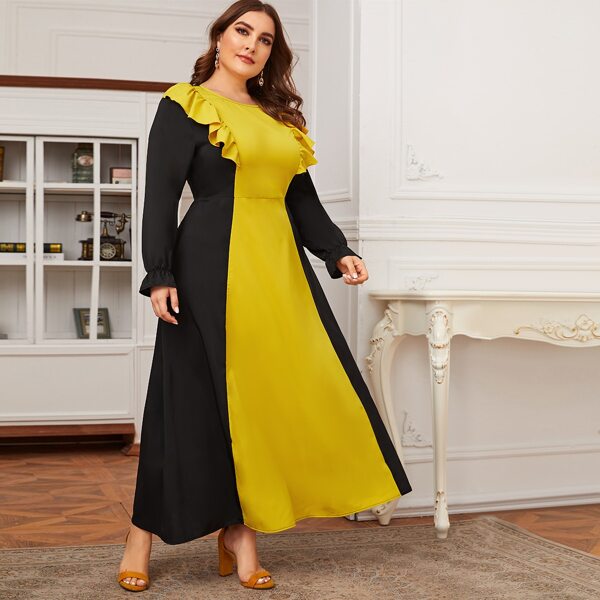 

Plus Color-block Ruffle Trim A-line Dress, Multicolor