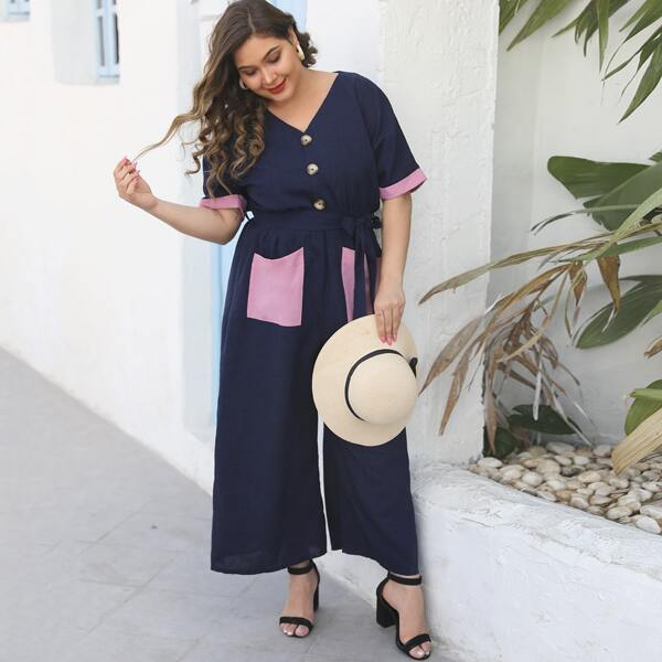 

Plus Contrast Panel Self Tie Culotte Jumpsuit, Navy blue