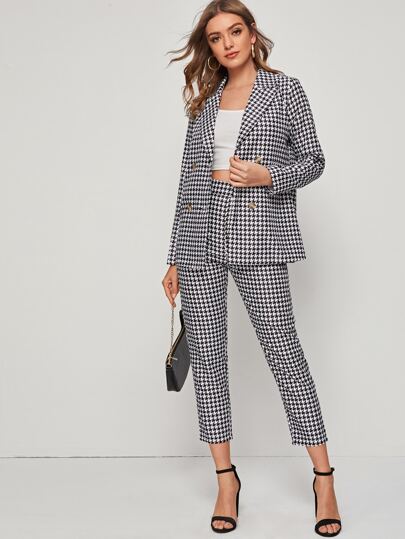 Houndstooth Print Button Through Blazer & Tailored Pants