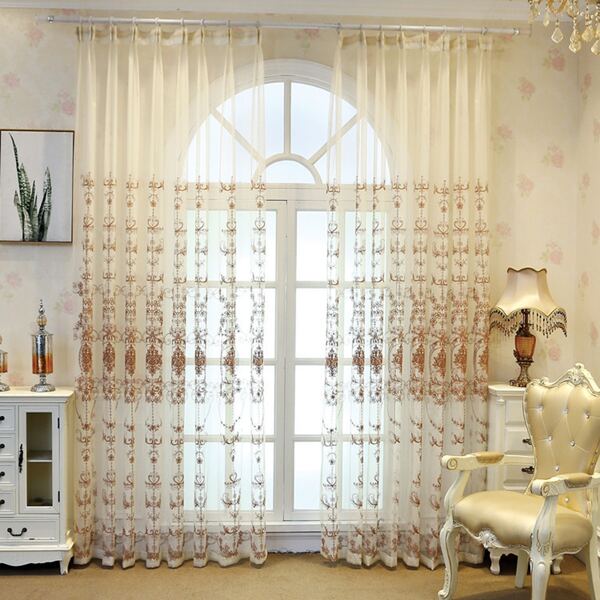 

1pc Flower Embroidered Sheer Curtain, Beige