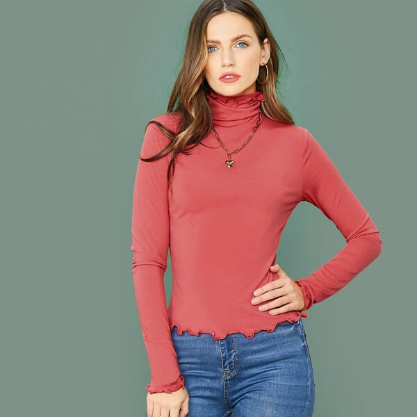 

High Neck Lettuce Trim Solid Tee, Pink