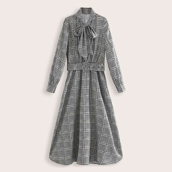 

Tie Neck Houndstooth Belted Dress, Black and white