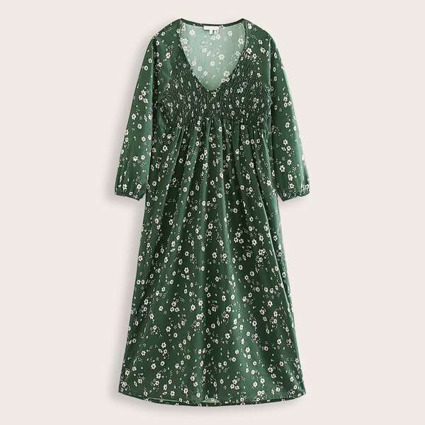 

Floral Print Raglan Sleeve Shirred Dress, Green