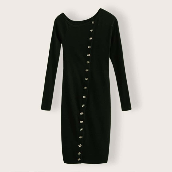 

Button Up Rib Knit Dress, Black