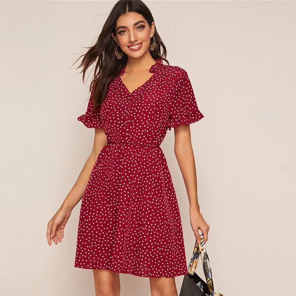 

Polka Dot Frill Trim Dress, Red