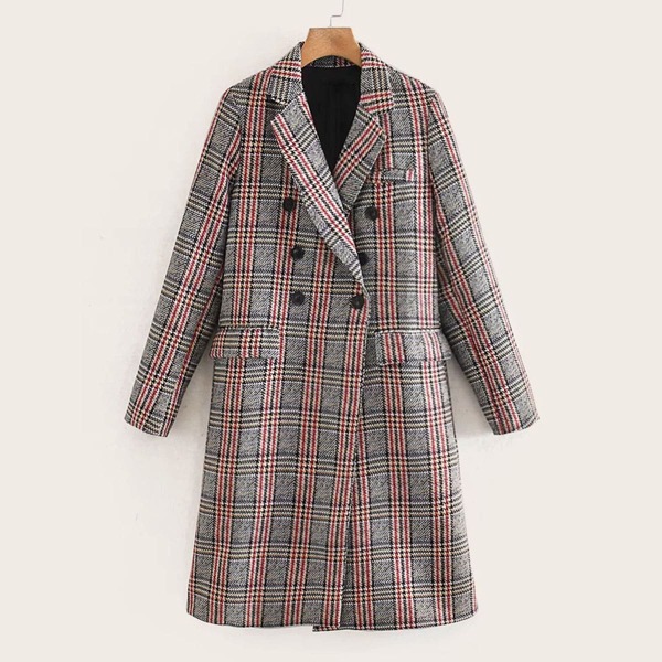 

Double Breasted Lapel Neck Plaid Coat, Multicolor