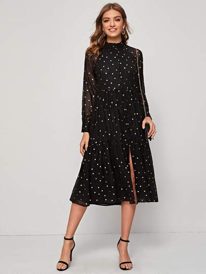 Polka Dot Print Raglan Sleeve Split Dress