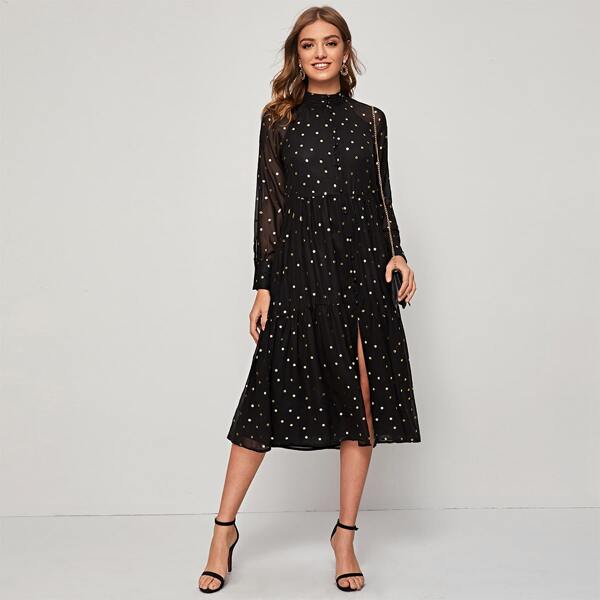 

Polka Dot Print Raglan Sleeve Split Dress, Black