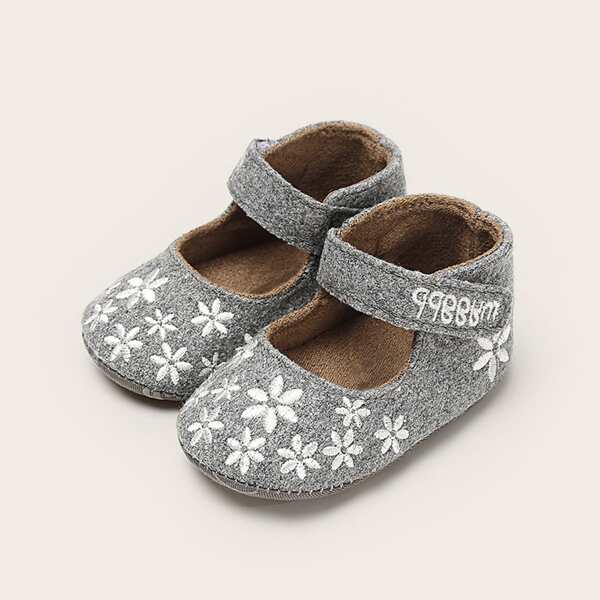 

Baby Girl Floral Embroidered Ankle Strap Flats, Grey